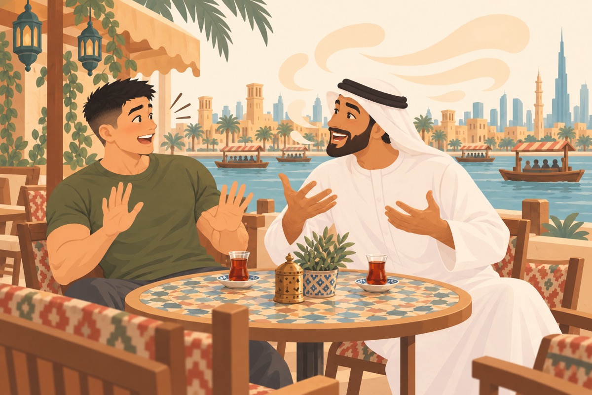 At a creekside café, an enthusiastic friend launches into fast follow-ups while the athletic crew-cut learner smiles and raises both hands to slow things down.