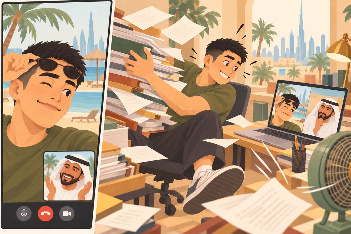A two-panel reveal: a relaxed beach-call face, followed by the scramble to catch a collapsing office paper pile.